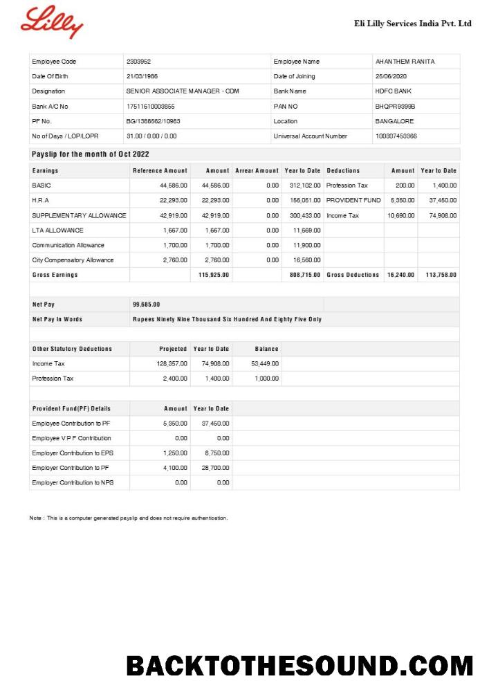 İndir Eli Lilly Services Hindistan pharmaceutical Şirket payslip in Word and PDF Formatlar.PDF, 1 Örnek ön izleme