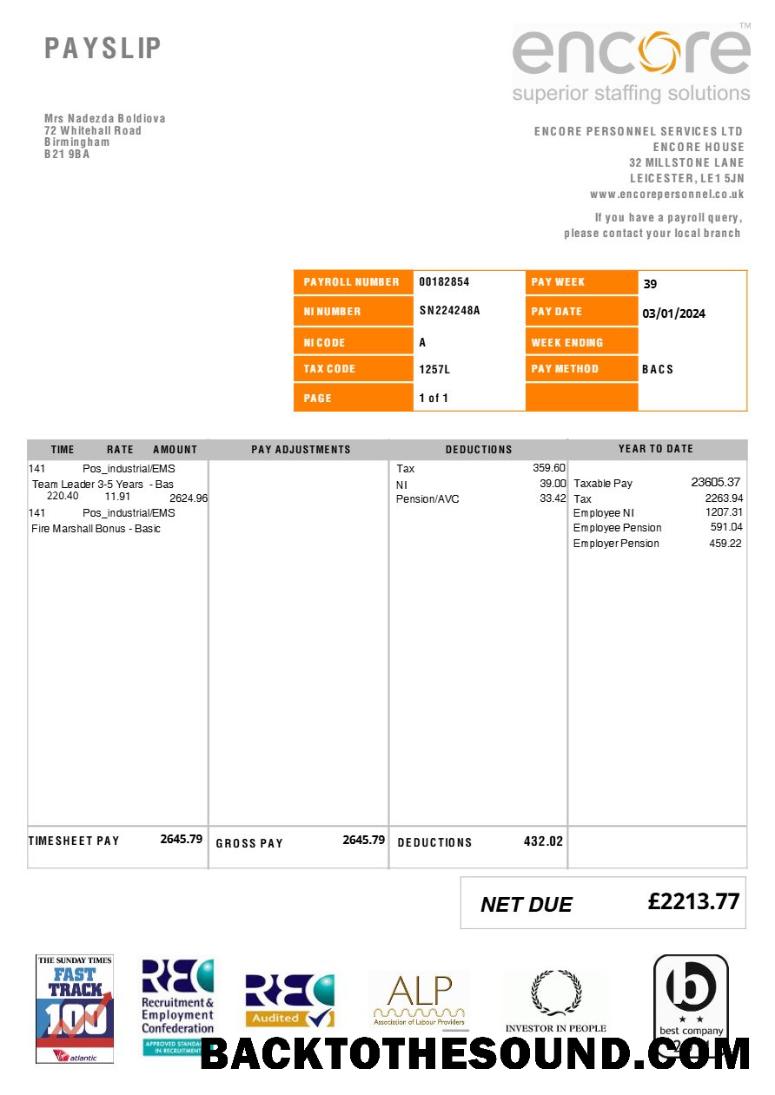 İndir Encore Personnel Services (recruitment) payslip in Word and PDF Formatlar.PDF, 1 Örnek taslak