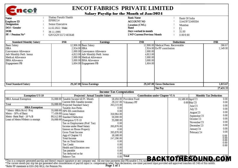 İndir Encot Fabrics corporate office payslip in Word and PDF Formatlar.PDF, 1 Örnek taslak
