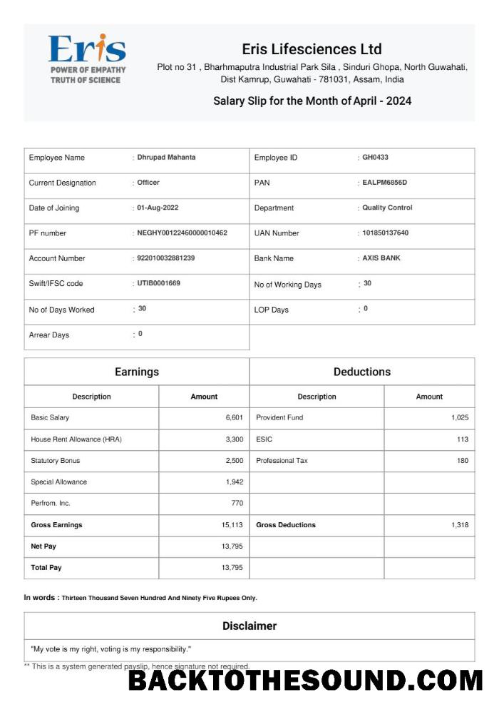 İndir Eris Lifesciences salary slip in Word and PDF Formatlar.PDF, 1 Örnek ön izleme