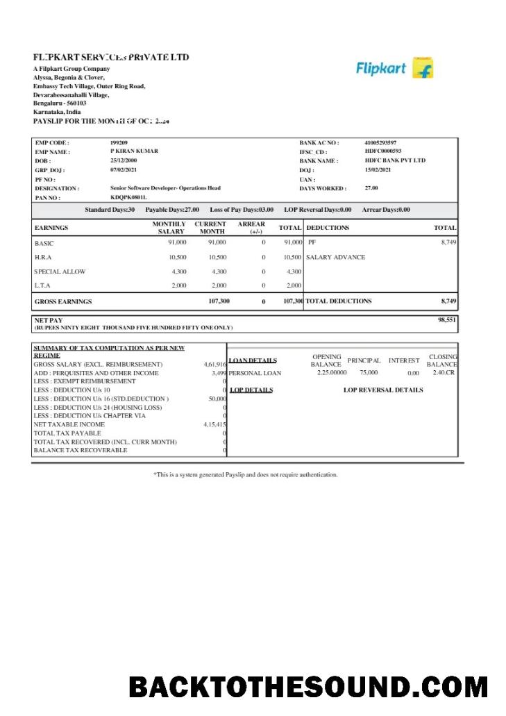 İndir Filpkart Services payslip in Word and PDF Formatlar.PDF, 1 Örnek tasarım