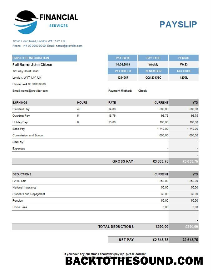 İndir Financical services payslip in Excel and PDF Formatlar Örnek tasarım