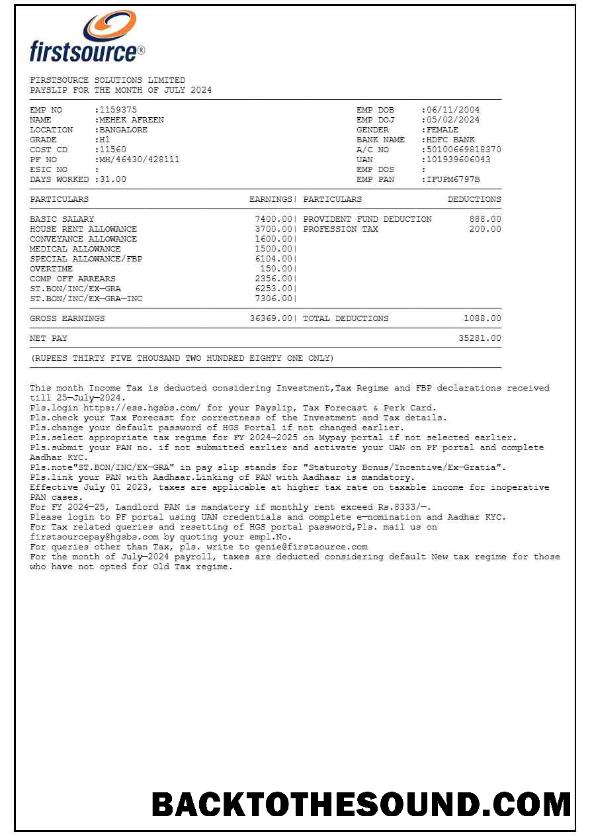 İndir Firstsource Solutions payslip in Word and PDF Formatlar.PDF, 1 Örnek ön izleme