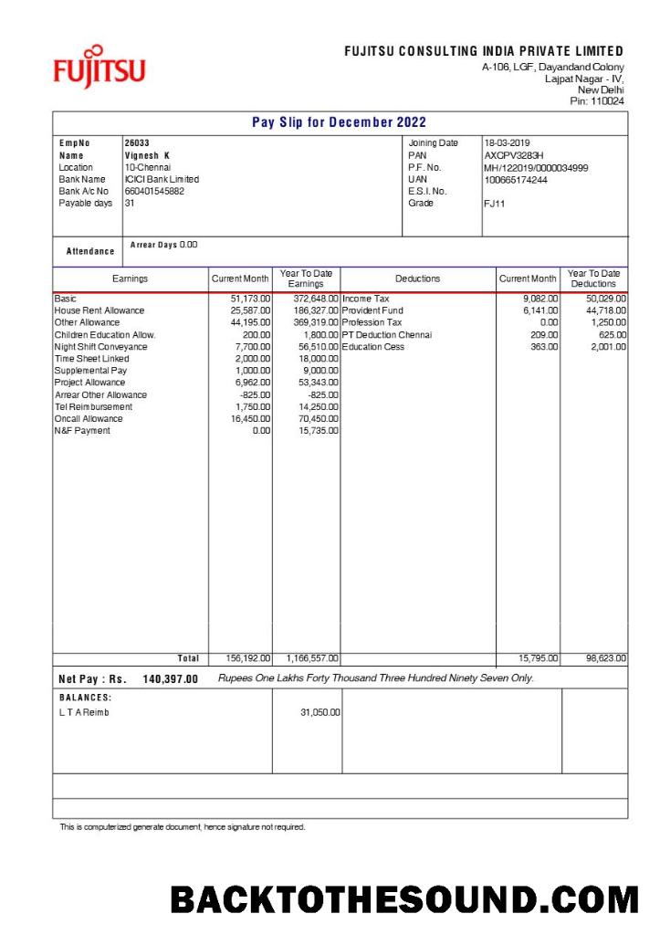 İndir Fujitsu Consulting Hindistan payslip in Word and PDF Formatlar.PDF, 1 Örnek ön izleme