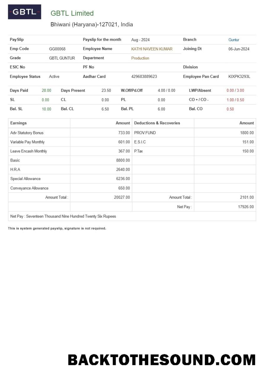 İndir GBTL Limited tekstil Şirket payslip in Word and PDF Formatlar.PDF, 1 Örnek taslak