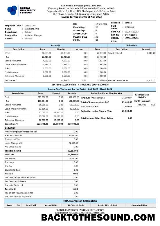 İndir GUS Global Services Hindistan payslip in Word and PDF Formatlar.PDF, 1 Örnek şablon