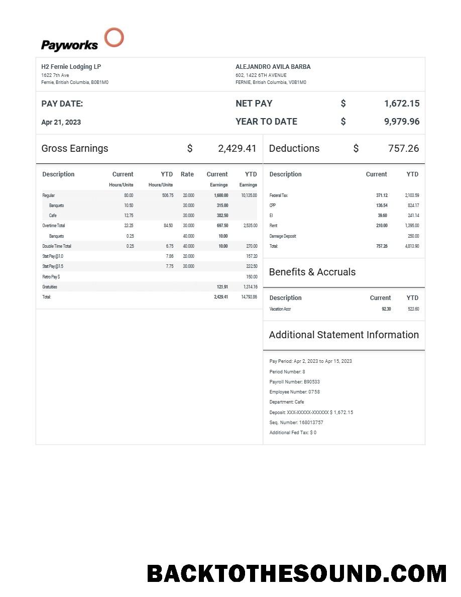 İndir H2 Fernie Lodging LP pay Hesap Özeti in Word and PDF Formatlar.PDF, 1 Örnek şablon
