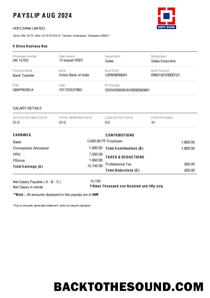 İndir HDFC Banka payslip in Word and PDF Formatlar.PDF, 1 Örnek taslak