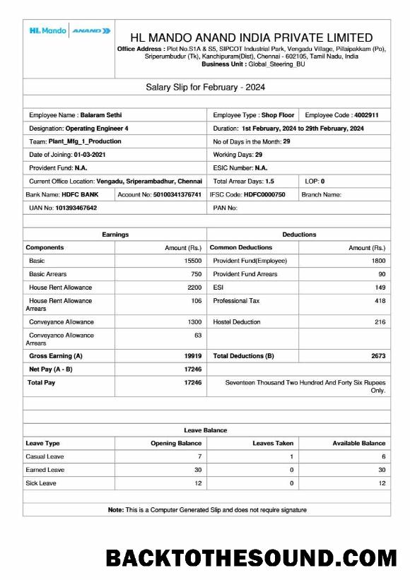 İndir HL Mando Anand Hindistan manufacturer salary slip in Word and PDF Formatlar.PDF, 1 Örnek örnek