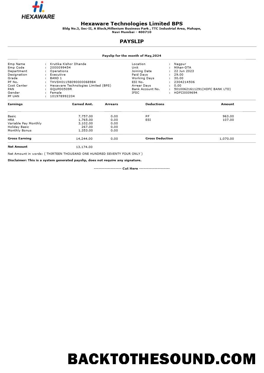 İndir Hexaware Technologies payslip in Word and PDF Formatlar.PDF, 1 Örnek ön izleme