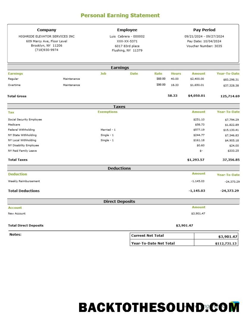 İndir Highride Elevator Services INC personal earning Hesap Özeti in Word and PDF Formatlar.PDF, 1 Örnek örnek