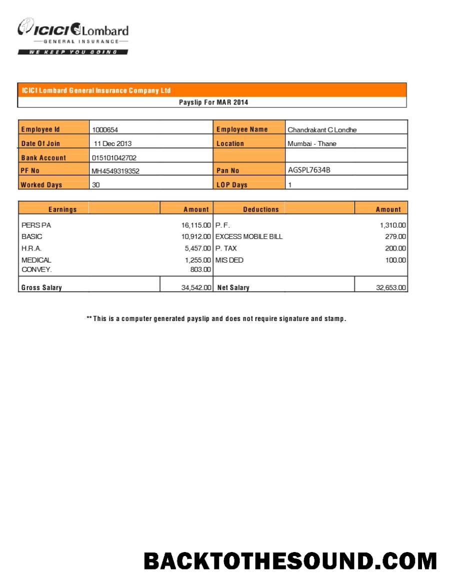 İndir ICICI Lombard General Sigorta Şirket payslip in Word and PDF Formatlar.PDF, 1 Örnek tasarım