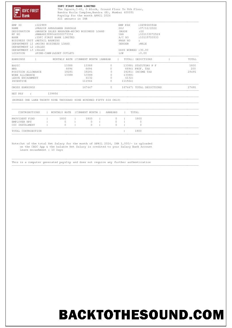 İndir IDFC First Banka LTD payslip in Word and PDF Formatlar.PDF, 1 Örnek örnek