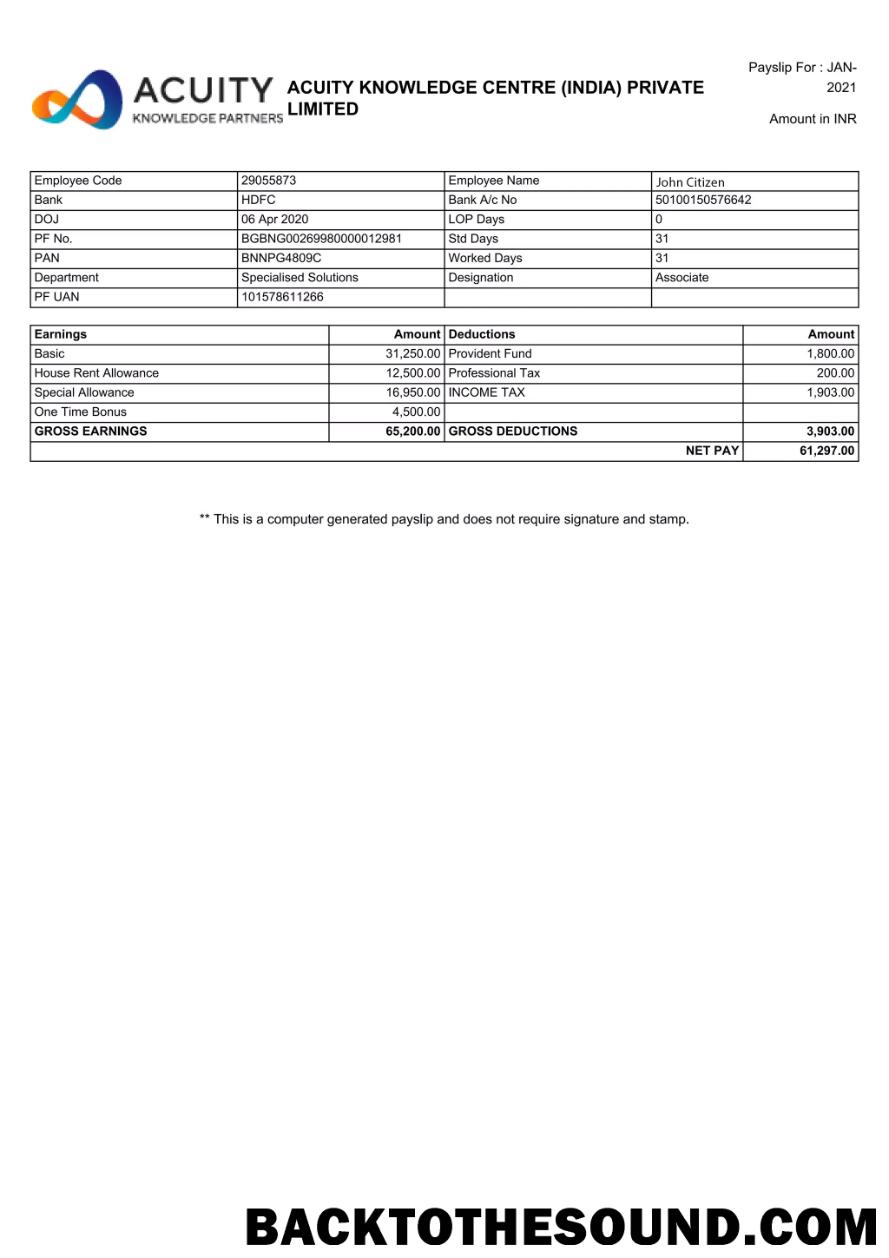 İndir Hindistan ACUITY Knowledge Centre Private Limited payslip in Word and PDF Formatlar Örnek örnek