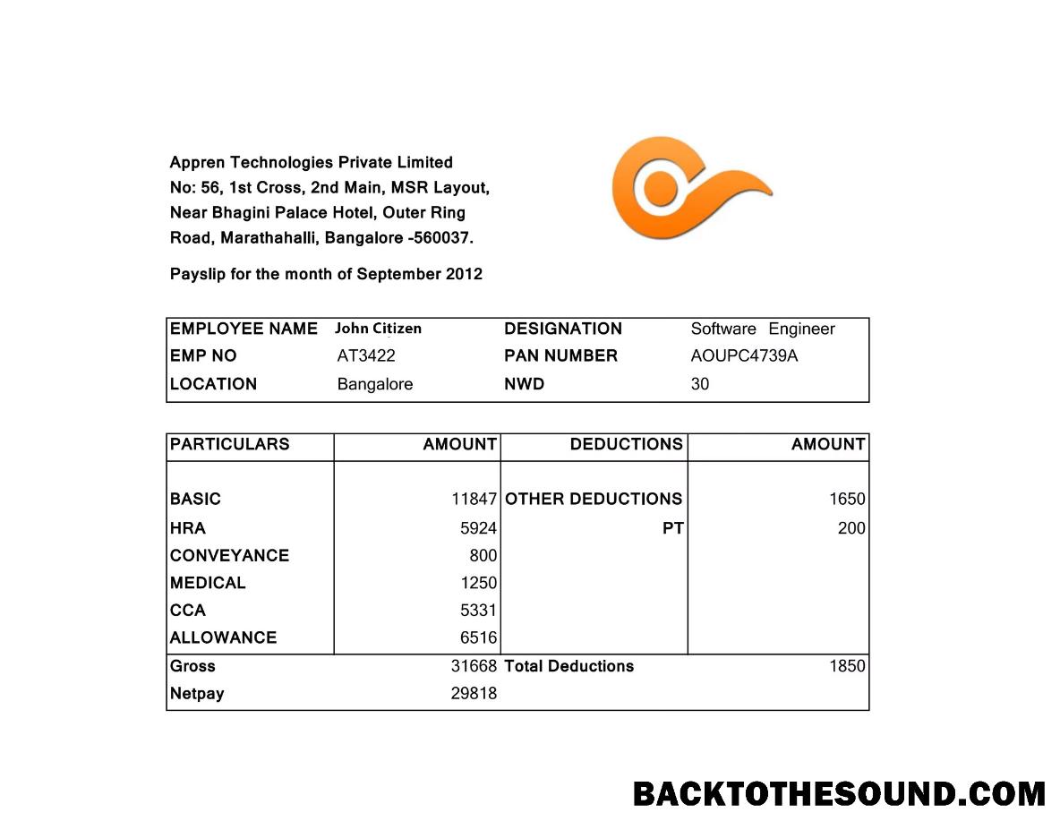 İndir Hindistan APPREN Technologies Private Limited payslip in Word and PDF Formatlar Örnek ön izleme