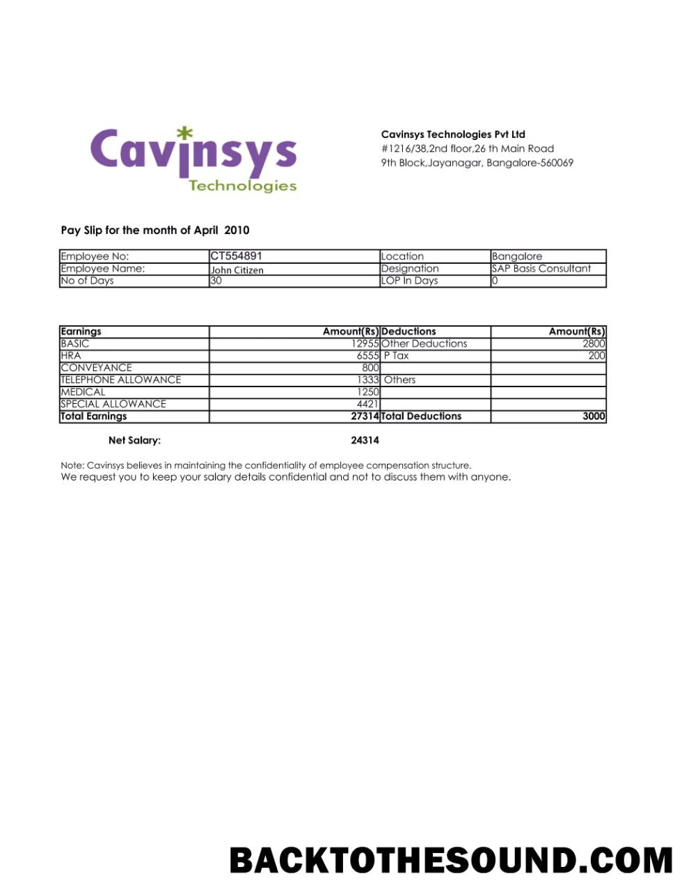 İndir Hindistan CAVINSYS Technologies Pvt Ltd payslip in Word and PDF Formatlar Örnek şablon