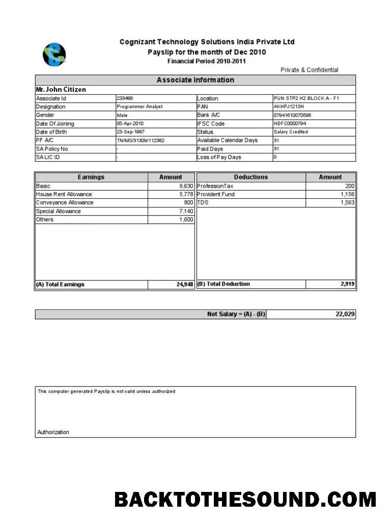 İndir Hindistan COGNIZANT Teknoloji Solutions Hindistan Private Ltd payslip in Word and PDF Formatlar Örnek ön izleme