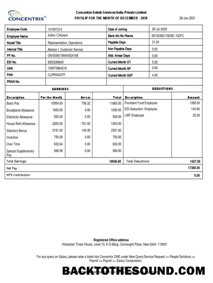 İndir Hindistan CONCENTRIX Daksh Services Hindistan private Limited payslip in Word and PDF Formatlar Örnek şablon