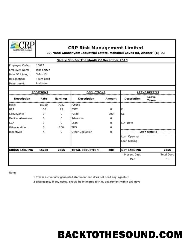 İndir Hindistan CRP Risk Management Limited salary slip in Word and PDF Formatlar Örnek ön izleme