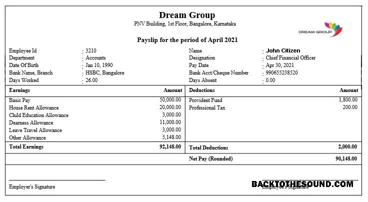 İndir Hindistan DREAM group payslip in Word and PDF Formatlar Örnek şablon