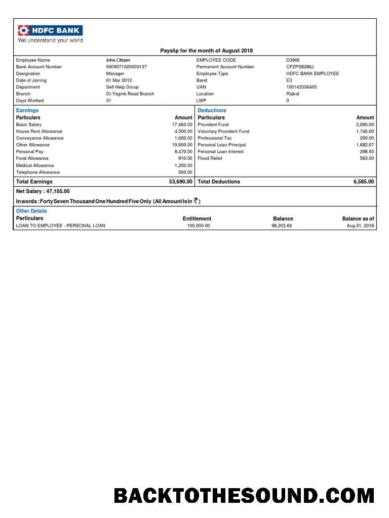 İndir Hindistan HDFC Banka payslip in Word and PDF Formatlar Örnek örnek