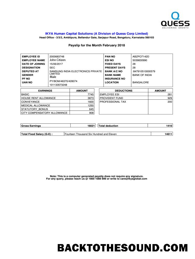 İndir Hindistan IKYA Human Capital Solutions payslip in Word and PDF Formatlar Örnek şablon