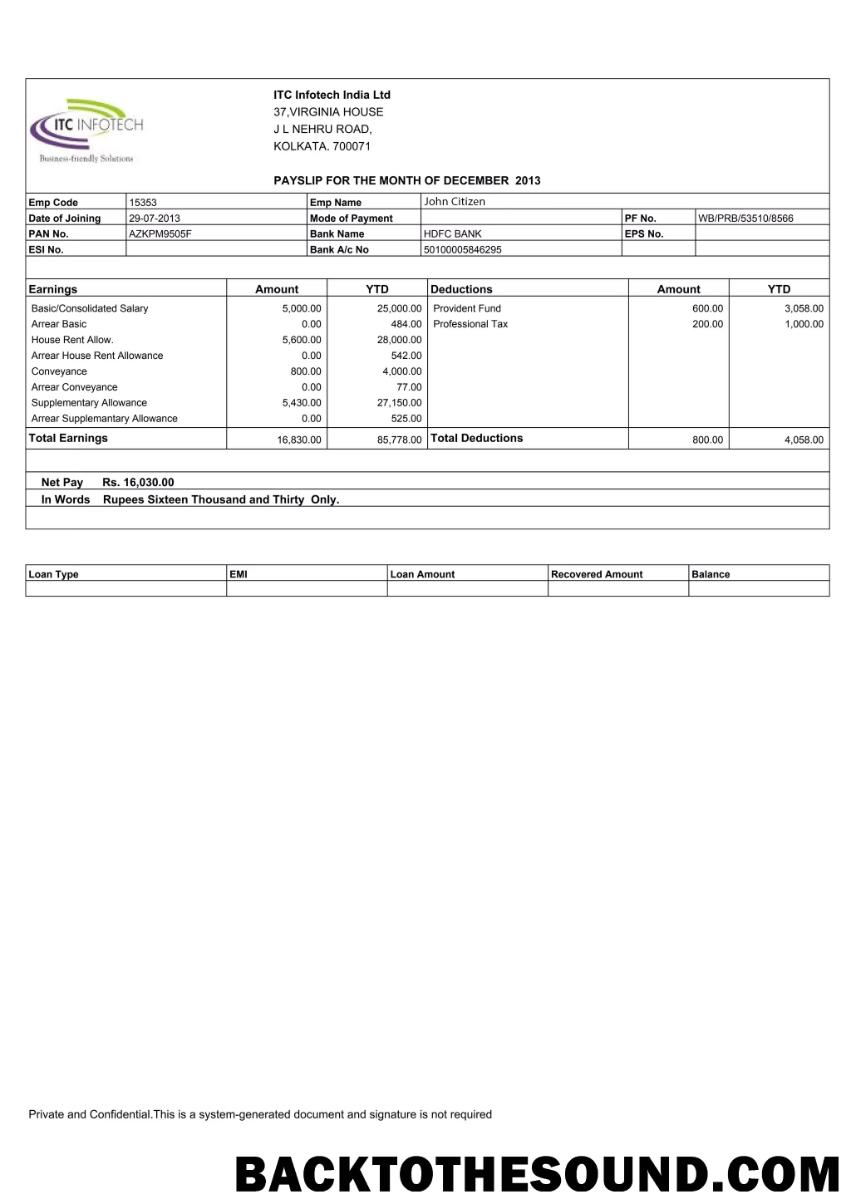 İndir Hindistan ITC Infotech Hindistan LTD payslip in Word and PDF Formatlar Örnek örnek