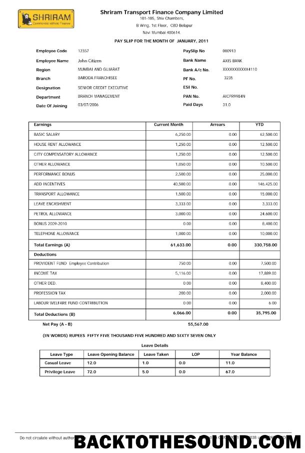 İndir Hindistan SHRIRAM Transport Finans Şirket Limited payslip in Word and PDF Formatlar Örnek ön izleme