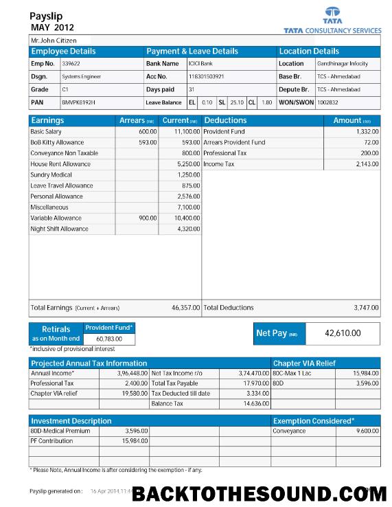İndir Hindistan TATA Consultancy Services payslip in Word and PDF Formatlar Örnek taslak