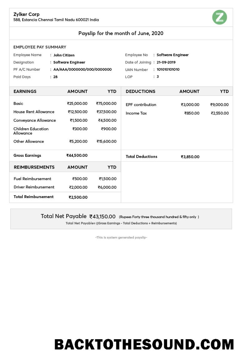 İndir Hindistan ZYLKER corporation payslip in Word and PDF Formatlar Örnek ön izleme