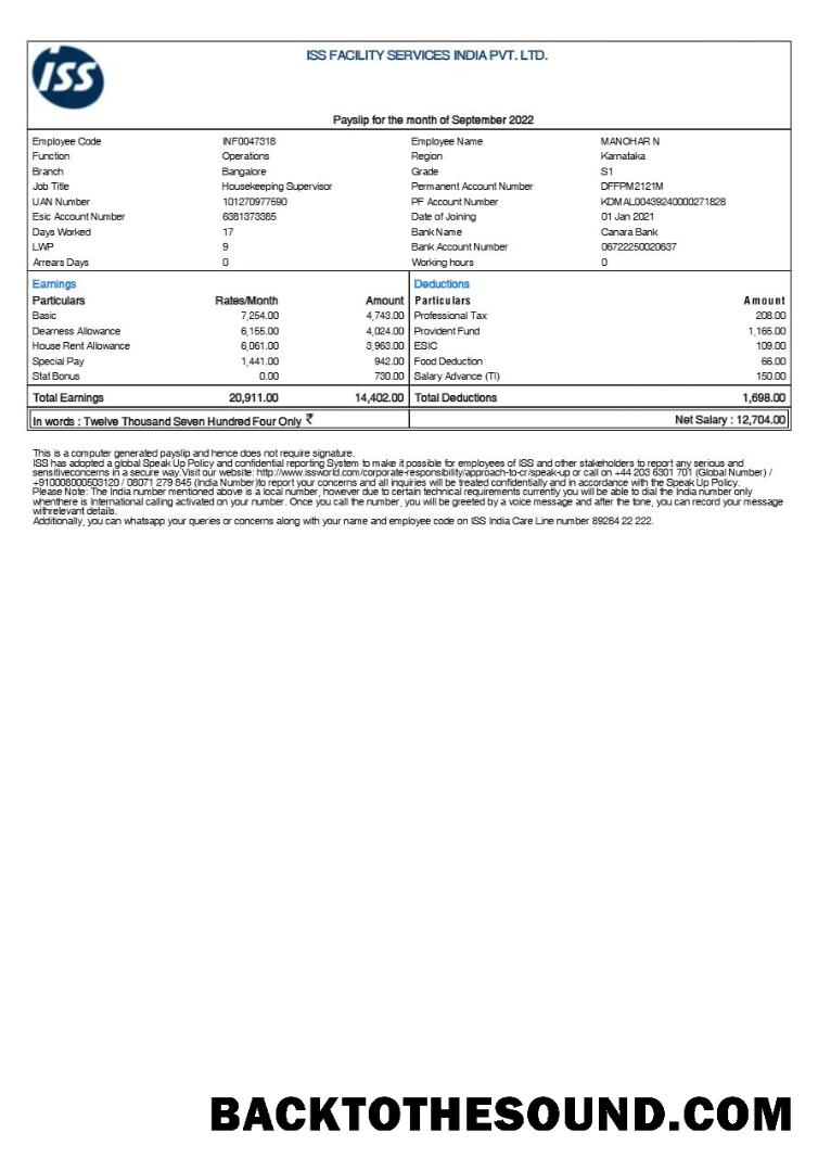 İndir ISS facility services Hindistan payslip in Word and PDF Formatlar.PDF, 1 Örnek şablon