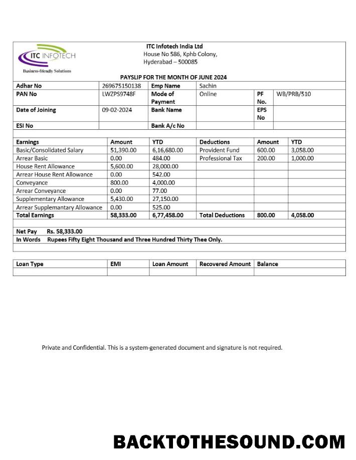 İndir ITC Infotech payslip in Word and PDF Formatlar.PDF, 1 Örnek ön izleme