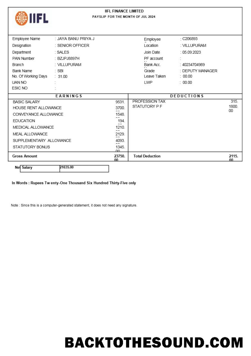İndir Iifl Finans payslip in Word and PDF Formatlar.PDF, 1 Örnek taslak
