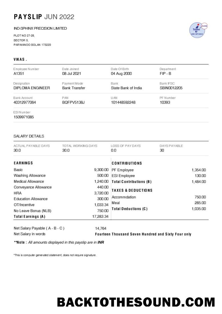 İndir Ind Sphinx Precision (Araç manufacturer) payslip in Word and PDF Formatlar.PDF, 1 Örnek ön izleme