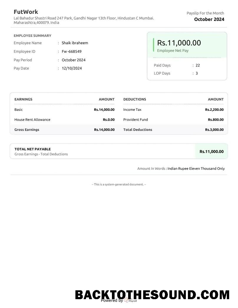 İndir Hindistan FutWork E commerce Hizmet Şirket payslip in Word and PDF Formatlar.PDF, 1 Örnek tasarım