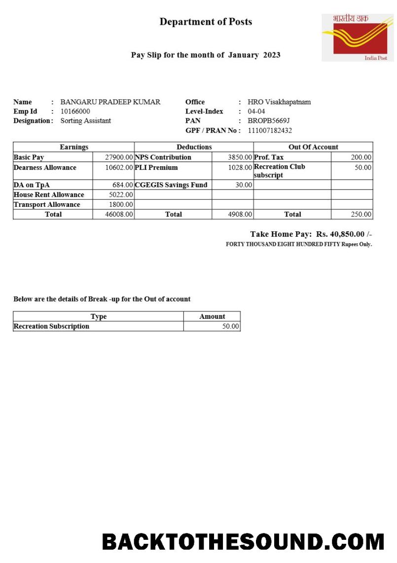 İndir Hindistan Post payslip in Word and PDF Formatlar.PDF, 1 Örnek örnek