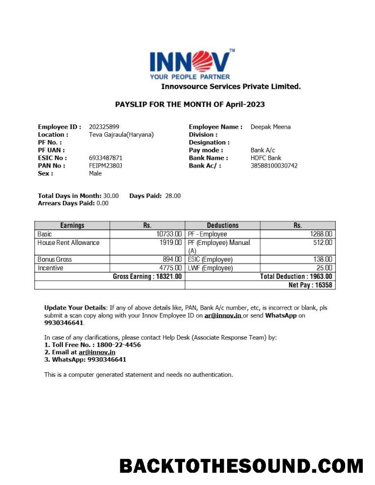 İndir Innovsource Services staffing Şirket payslip in Word and PDF Formatlar.PDF, 1 Örnek şablon