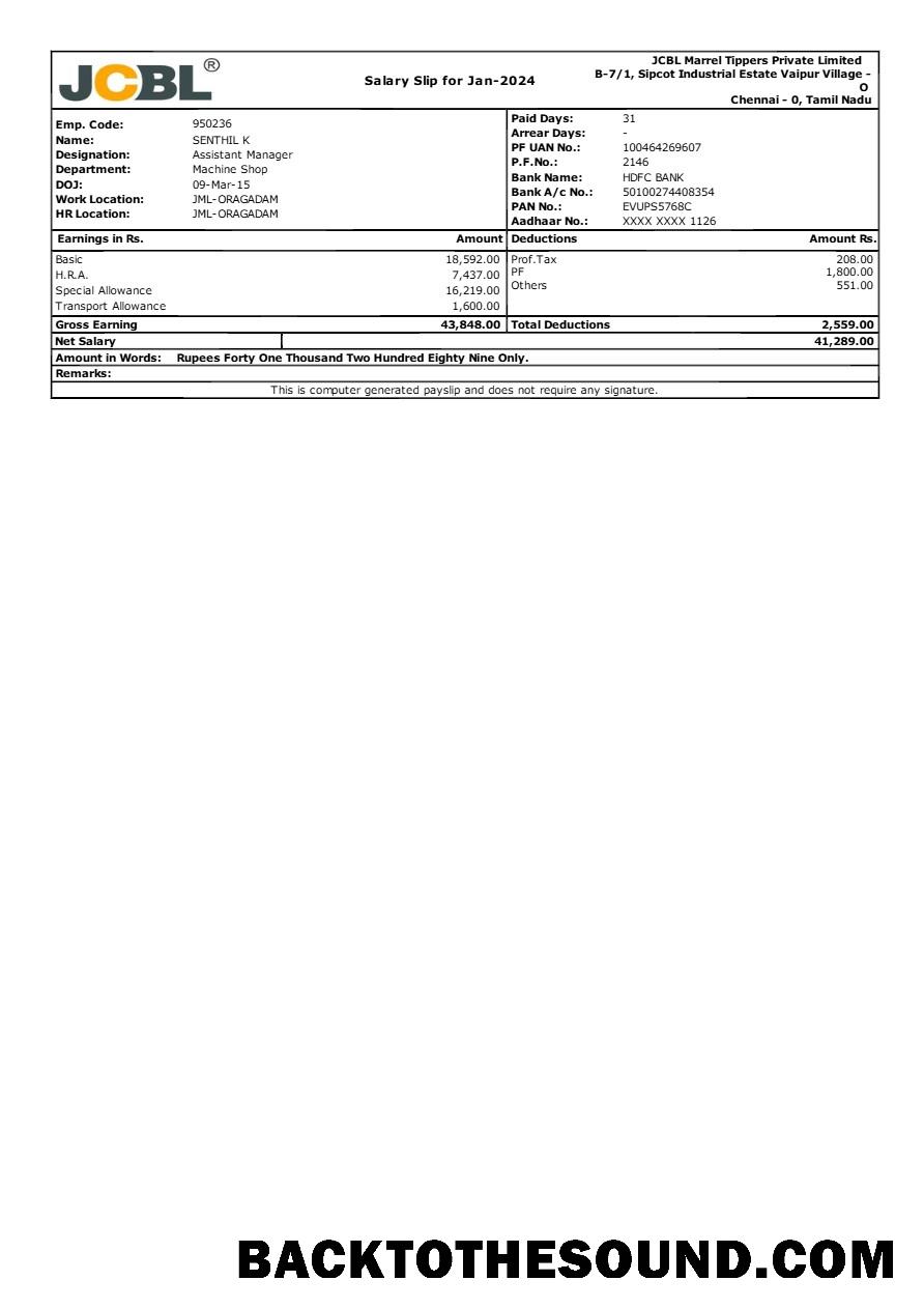 İndir JCBL Marrel Tippers manufacturer payslip in Word and PDF Formatlar.PDF, 1 Örnek tasarım