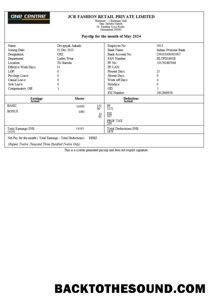 İndir JCR Moda Retail payslip in Word and PDF Formatlar.PDF, 1 Örnek tasarım