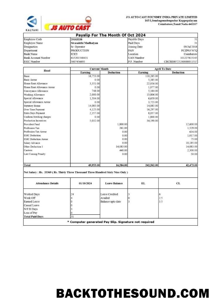 İndir JS Auto Cast Foundry Hindistan payslip in Word and PDF Formatlar.PDF, 1 Örnek şablon