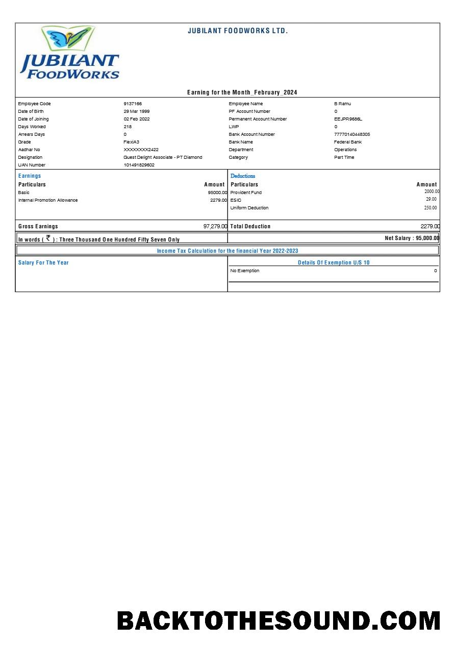 İndir Jubilant FoodWorks payslip in Word and PDF Formatlar.PDF, 1 Örnek şablon