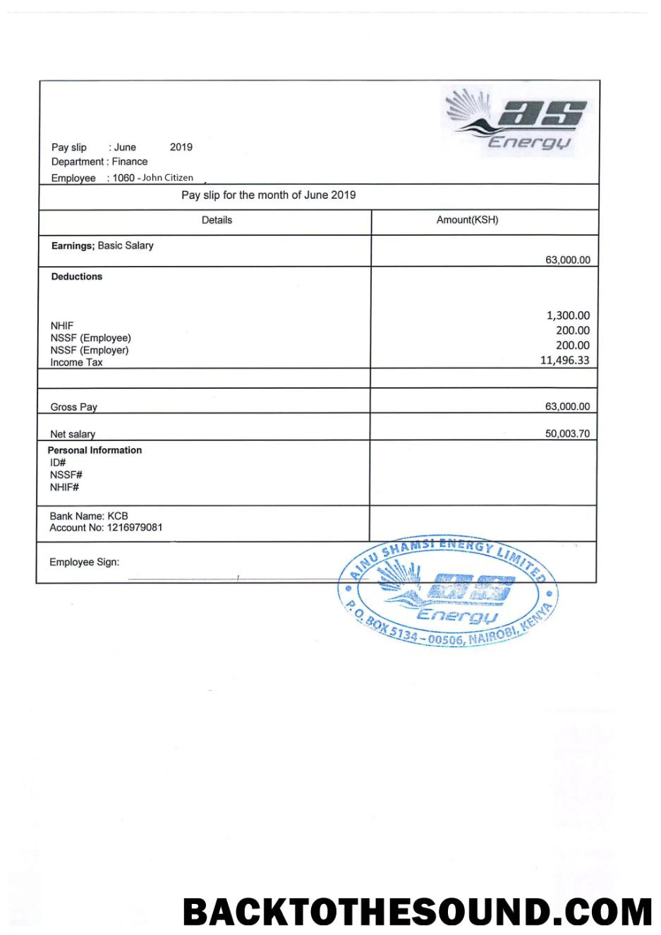 İndir Kenya AINU Shamsi Energy Limited payslip in Word and PDF Formatlar Örnek tasarım