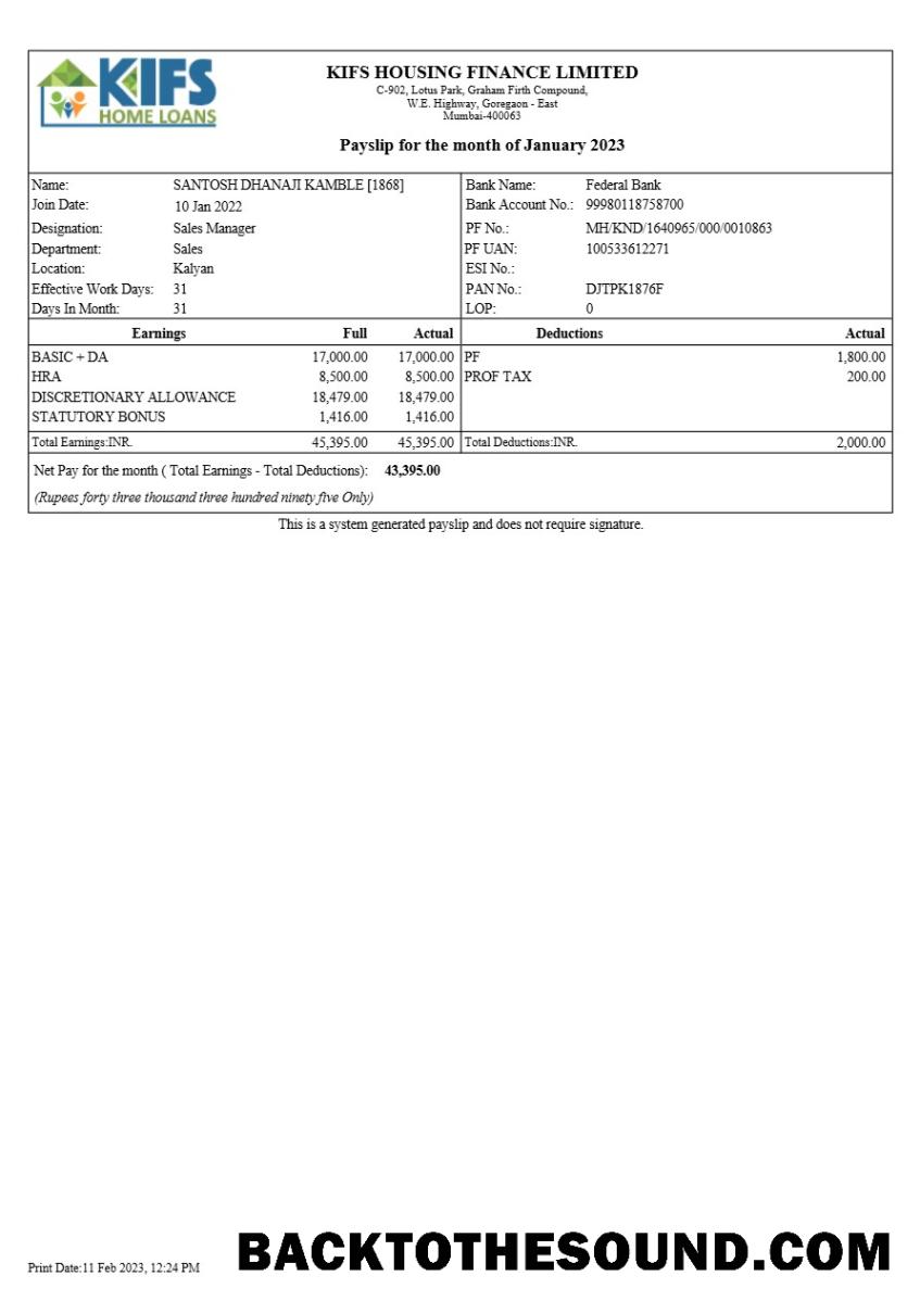 İndir KIFS Housing Finans payslip in Word and PDF Formatlar.PDF, 1 Örnek şablon