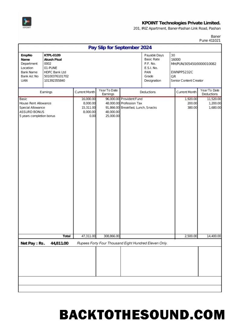 İndir KPOINT Technologies payslip in Word and PDF Formatlar.PDF, 1 Örnek şablon