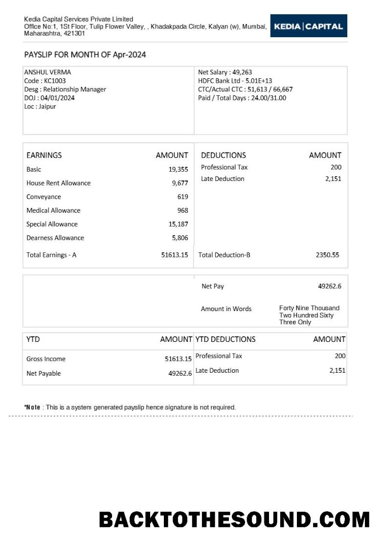 İndir Kedia Capital Services Yatırım services payslip in Word and PDF Formatlar.PDF, 1 Örnek ön izleme
