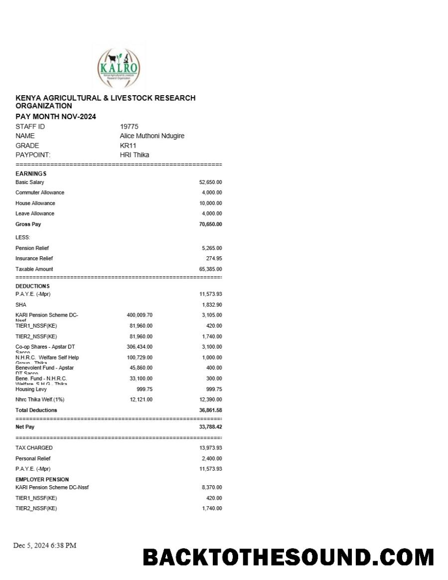 İndir Kenya Agricultural and Livestock Research organizasyon payslip in Word and PDF Formatlar.PDF, 1 Örnek örnek