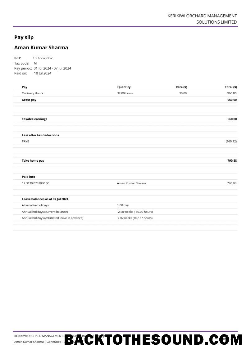 İndir Kerikiwi Orchard Management Solutions payslip in Word and PDF Formatlar.PDF, 1 Örnek şablon
