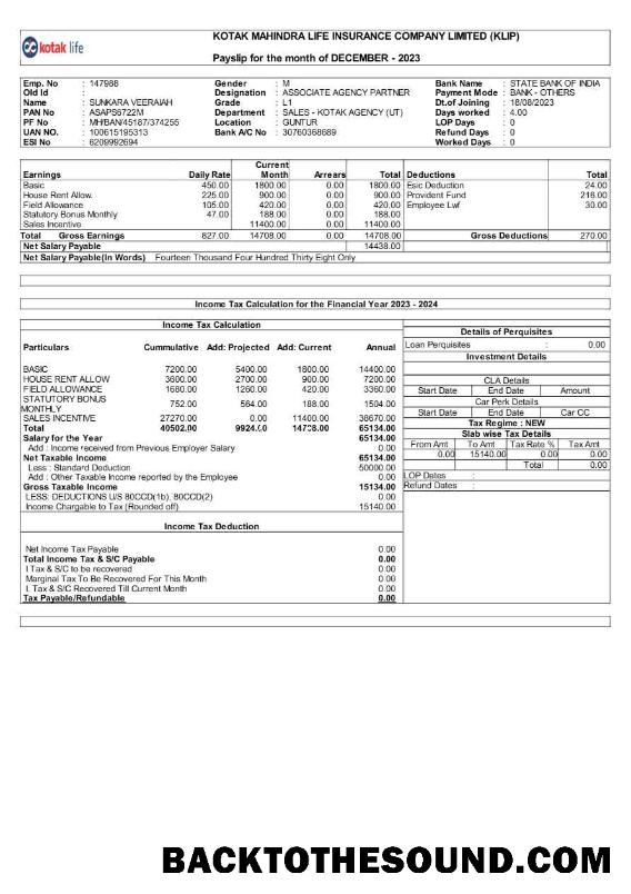 İndir Kotak Life Sigorta Şirket payslip in Word and PDF Formatlar.PDF, 1 Örnek örnek