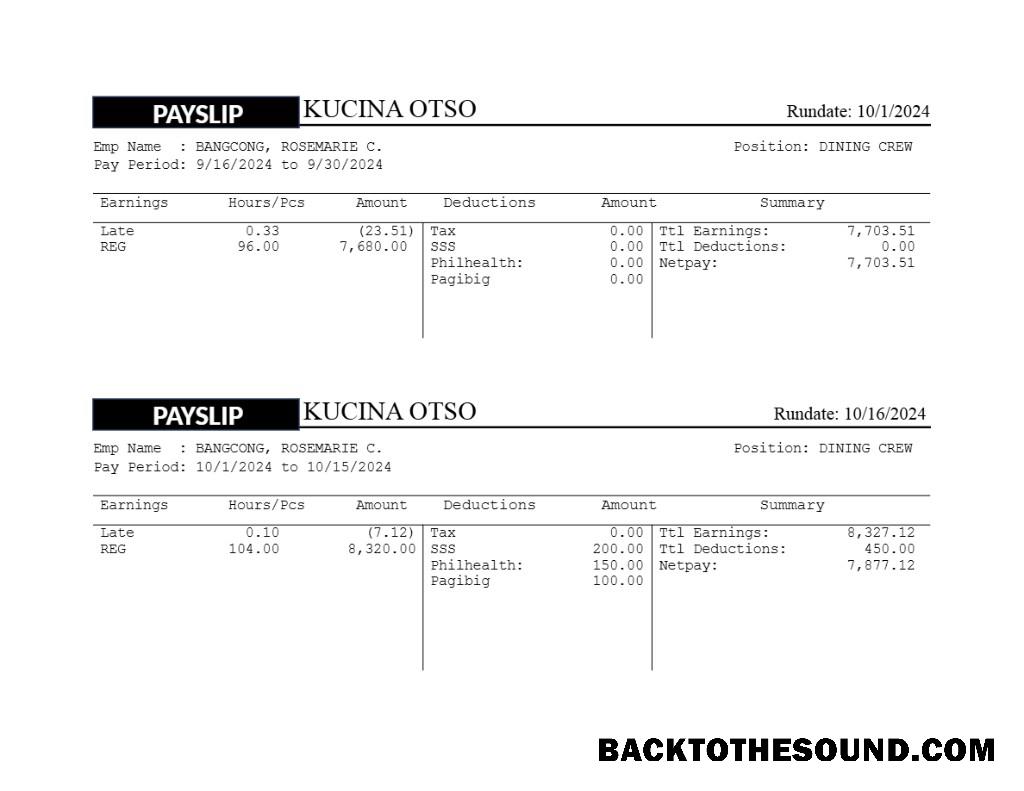 İndir Kusina Otso restaurant payslip in Word and PDF Formatlar.PDF, 1 Örnek tasarım