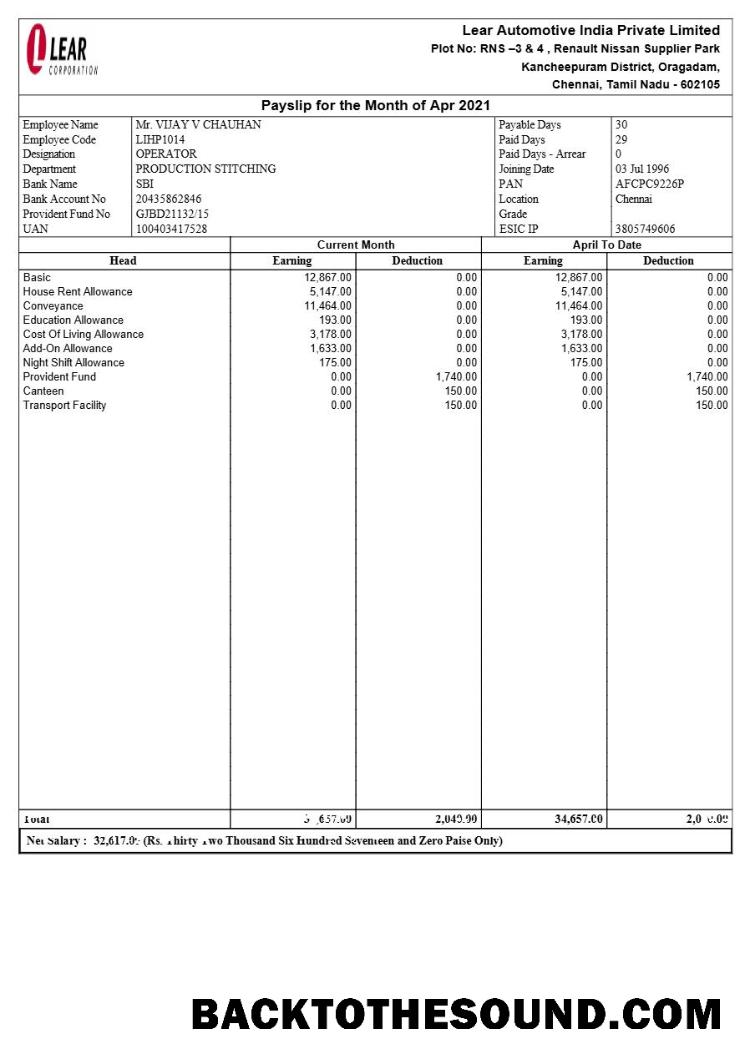 İndir Lear Automotive Hindistan payslip in Word and PDF Formatlar.PDF, 1 Örnek tasarım